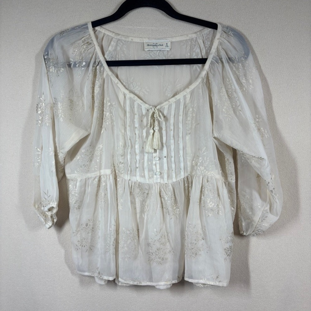 Abercrombie & Fitch Cream Gold Metallic Floral Peasant Ethereal Blouse Medium